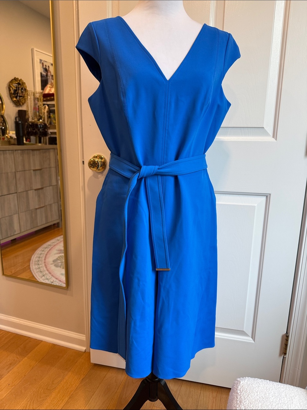 NWT Karen Millen V-Neck Belted Midi Dress in Bright Blue
